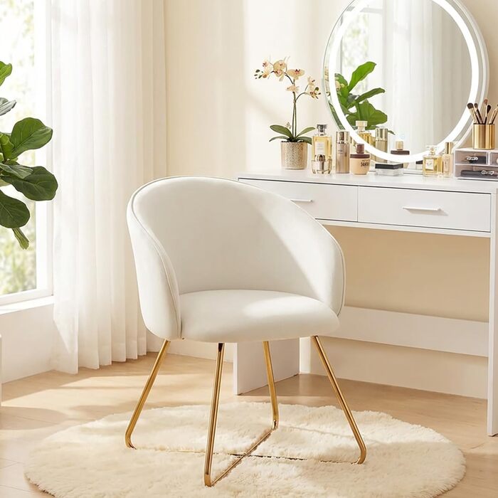 Крісло для туалетного столика Hellove із золотистими металевими ніжками, зручне оксамитове бежеве крісло для туалетного столика, просте сучасне крісло з підлокітниками, м&39яке крісло для макіяжу, вітальня, комплект з , бежевий