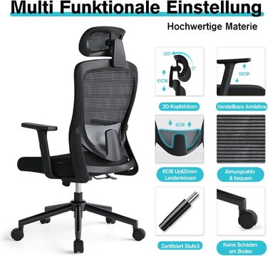 Ергономічне офісне крісло з регульованою поперековою опорою, 2D підголівником та підлокітниками, ергономічне офісне крісло з функцією нахилу 120, обертове крісло, офісні крісла 150 кг, чорні нейлонові колеса