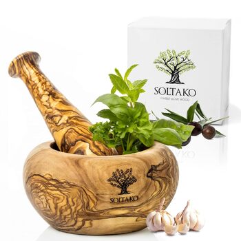 Набір розчинів і пестликів SOLTAKO з оливкового дерева - Ступка - Дерев'яна ступка - Екологічна трава, Розчин для спецій Ø Діаметр