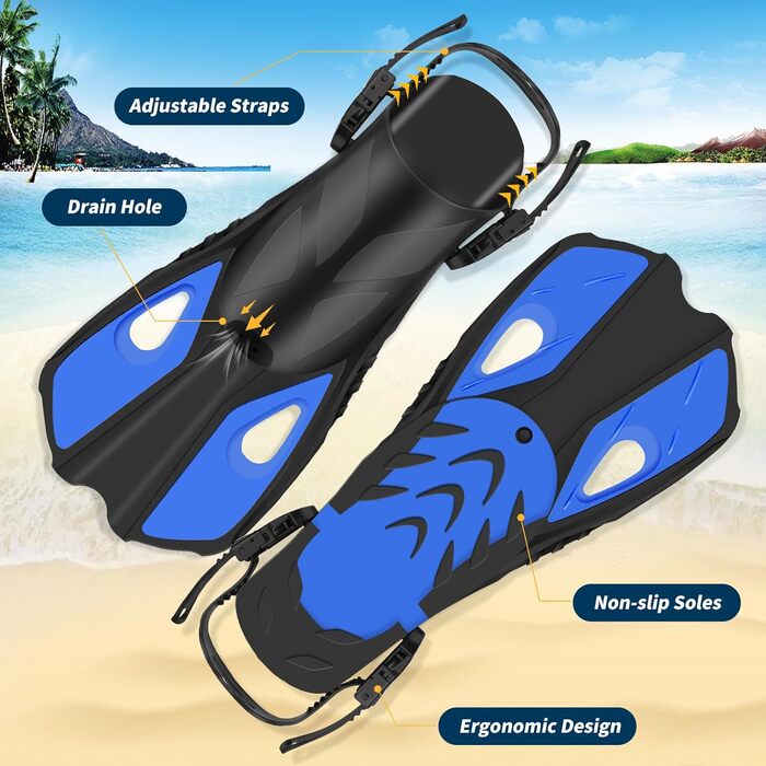 Комплект для дорослого підводного плавання з ластами, маска для дайвінгу на все обличчя, захист від запотівання, поле зору 180 та кріплення для камери, регульовані ласти з чохлом, для підводного плавання та дайвінгу, синій, розмір S/M