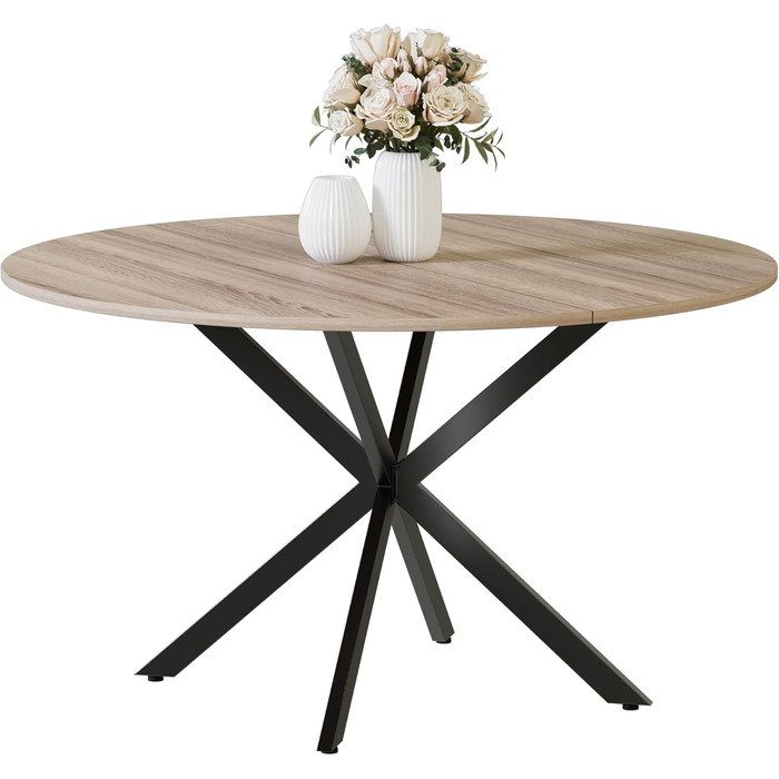 Круглий обідній стіл MSFE, круглий кухонний стіл 120 см, дерев&39яний кухонний стіл, ретро-індустріальний обідній стіл з чорними металевими ніжками та оздобленням з натурального горіха, лише 1 круглий стіл