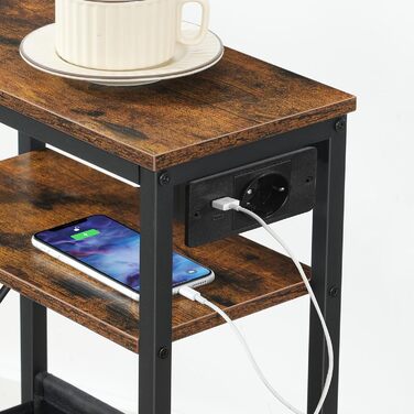 Журнальний столик HOOBRO із зарядною станцією, тумбочка з місцем для зберігання, диван-столик з розеткою та USB-портами, для невеликих приміщень, спалень, віталень, рустикальний коричневий та чорний EBF125CBZ01 темно-коричневий чорний