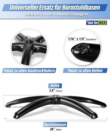 Основа офісного крісла Sytopia, 70 см, міцна металева поворотна основа, вантажопідйомність до 200 кг, універсальна для роликів 11 мм x 22 мм та газової пружини 50 мм, міцна, матово-чорна