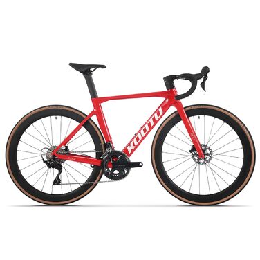 Карбоновий шосейний велосипед KOOTU, легкий шосейний велосипед з повністю карбоновими дисковими гальмами, 24-швидкісною групою Shimano R7120 та гідравлічними дисковими гальмами для дорослих, червоний, 56 см
