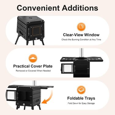 Складана кемпінгова дров&39яна піч, наметова піч, портативна наметова плита, кемпінгова піч з димоходом, садова піч, вулична піч, кемпінгова піч, міні-дров&39яна піч з регульованою висотою 36-56 см, для активного відпочинку на свіжому повітрі
