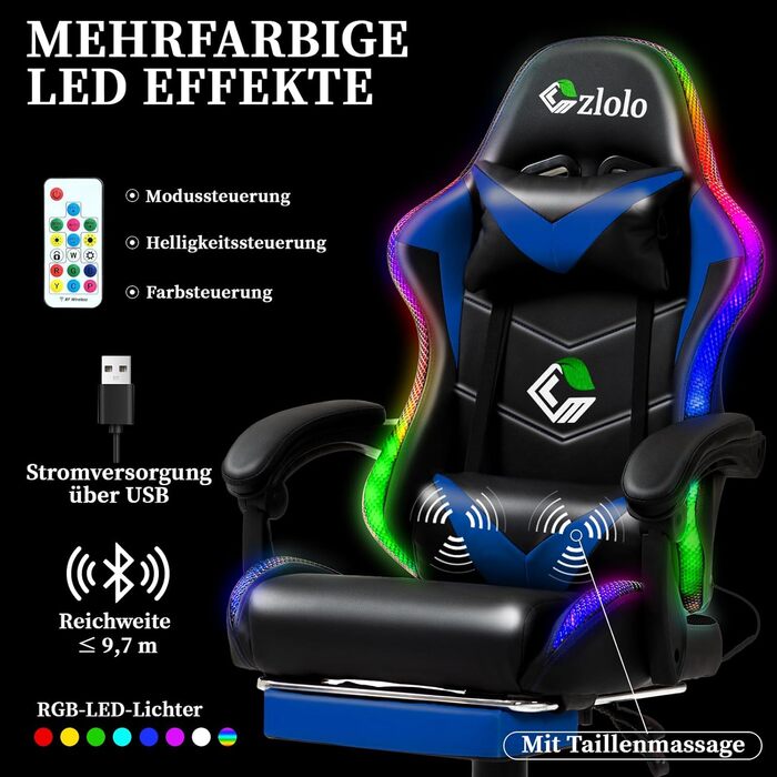 Ігрове крісло з RGB підсвічуванням, підставкою для ніг, ергономічною спинкою, подушкою для голови та масажем. Регульоване по висоті, для дорослих та дітей. Синій RGB-синій колір.