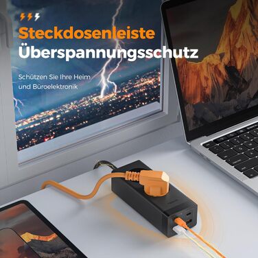Подовжувач TESSAN 30 Вт USB C, швидка зарядка GaN USB C з 2 відсіками та 4 USB, розетка з подовжувачем 2M, захист від перенапруги
