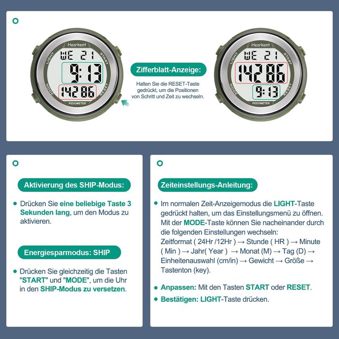 Водонепроникний годинник-крокомір для людей похилого віку без Bluetooth, не потрібен додаток, з крокоміром, лічильником калорій та великими РК-цифрами, чорний