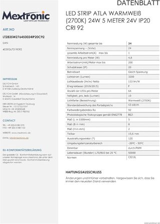 Світлодіодна стрічка Mextronic ATLA Теплий білий (2700K) 24W 5 метрів 24V IP20 CRI 92