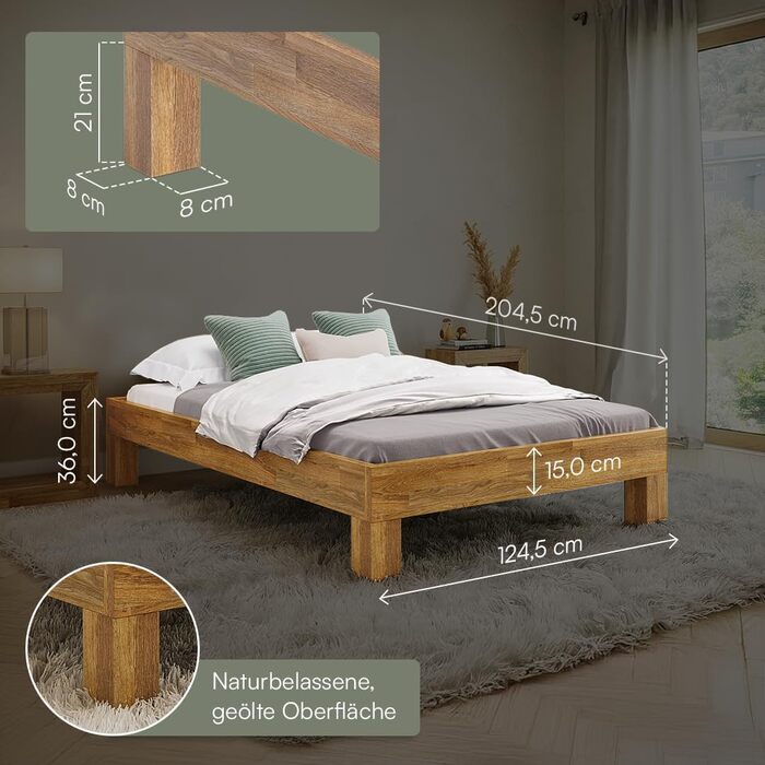 Ліжко Skølm Floki з масиву дуба 120x200 см - високоякісний каркас ліжка - каркас ліжка без узголів&39я - ліжко з натуральної промасленої деревини - ліжко 120x200 см, підходить як двоспальне ліжко - футон 120 x 200 см без узголів&39я - дуб