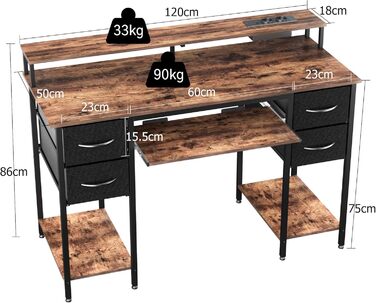 Ігровий стіл BEXEVUE з розетками та світлодіодним освітленням - 120x50 см Сучасний комп&39ютерний стіл з лотком для клавіатури, 4 двосторонні шухляди, велика полиця для зберігання речей для навчання, ігор, роботи, спальні, домашнього офісу 120 x 50 см Кор