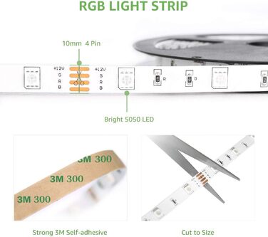 Світлодіодна стрічка Lepro RGB самоклеюча 5050 SMD, світлодіодна стрічка 24 В постійного струму, світлодіодна стрічка IP20, світлодіодна стрічка з регулюванням яскравості з блоком живлення Контролер дистанційного керування для дому, вечірки, кухні (15M)