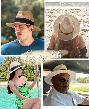 Унісекс Панама Капелюх Широкий козирок Сонячний капелюх для чоловіків та жінок Пляжний капелюх Захист від ультрафіолету Літній капелюх Регульований солом&39яний капелюх L-XL Хакі Чорна стрічка