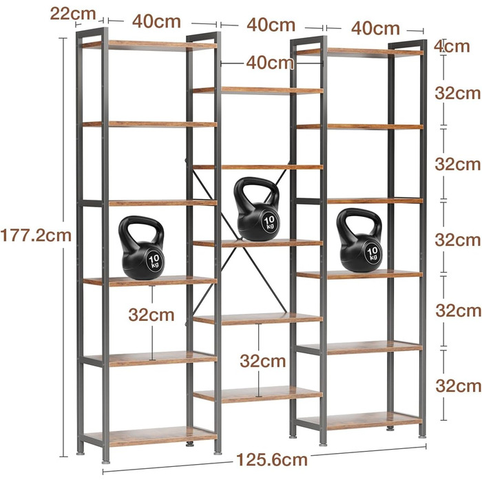 Книжкова полиця Coleshome з 17 полицями, металевий каркас, 6 ярусів, промисловий дизайн, стелаж-перегородка з місцем для зберігання, 22 x 125,6 x 177,2 см, окремостояча полиця для офісу, вітальні, спальні, кухні, коричнева, 6 ярусів