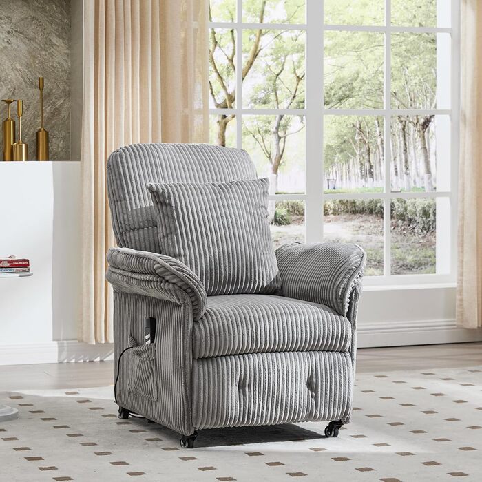 Моторне електричне крісло-реклайнер, крісло для телевізора з функцією відкидання, крісло для телевізора у вітальні з колесами, регульована спинка та підставка для ніг, 2 бічні кишені, вельветовий диван, світло-сірий, 2-