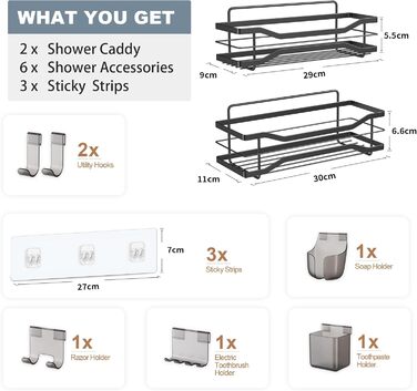 Душова полиця без свердління, 2 шт. Душова полиця чорна, Душова корзина з нержавіючої сталі з 6 аксесуарами, Поличка для ванної з