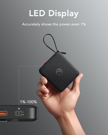 Із кабелем 10000 мАг. Маленький USB-C Power Bank. Швидка зарядка. 22,5 Вт. Міні-портативний зарядний пристрій. Зовнішній акумулятор. Маленький, але потужний акумулятор.