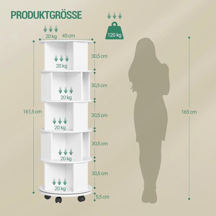 Книжкова полиця Hzuaneri, поворотна на 360, 5-рівнева вертикальна полиця для зберігання, сучасна окремостояча полиця, декоративна полиця на колесах, для вітальні, кабінету, офісу, 45 x 45 x 161,5 см, біла BC54003X
