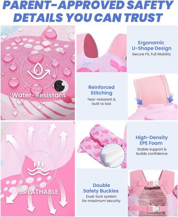 Дитячий плавальний жилет Gogokids з крильцями для плавання для дітей віком 15-30 кг, сертифікований засіб для плавання EN 13138-1 для дітей віком 2-6 років, плавальна локшина для малюків з крильцями для басейну, пляжу та плавання, світло-рожевий