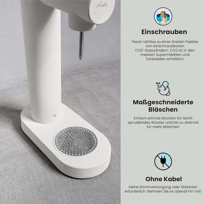 Машина для блискучої води в матовому білому кольорі - включає пляшку для води об'ємом 900 мл - виготовлена з нержавіючої сталі - сумісна з циліндрами Sodastream, що закручуються 60 л / 425 г, матовий білий