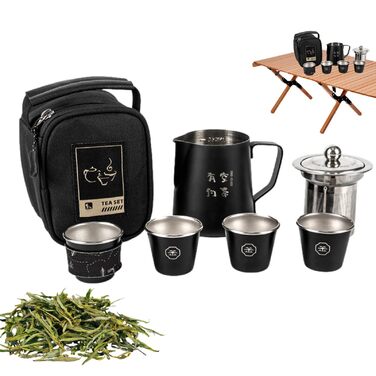 Набір для чаю в дорозі з сумкою для зберігання - Портативний нержавіючий чайник для кемпінгу, витримує високі температури, об'єм 4 чашки, ідеально підходить для пікніків та грилю