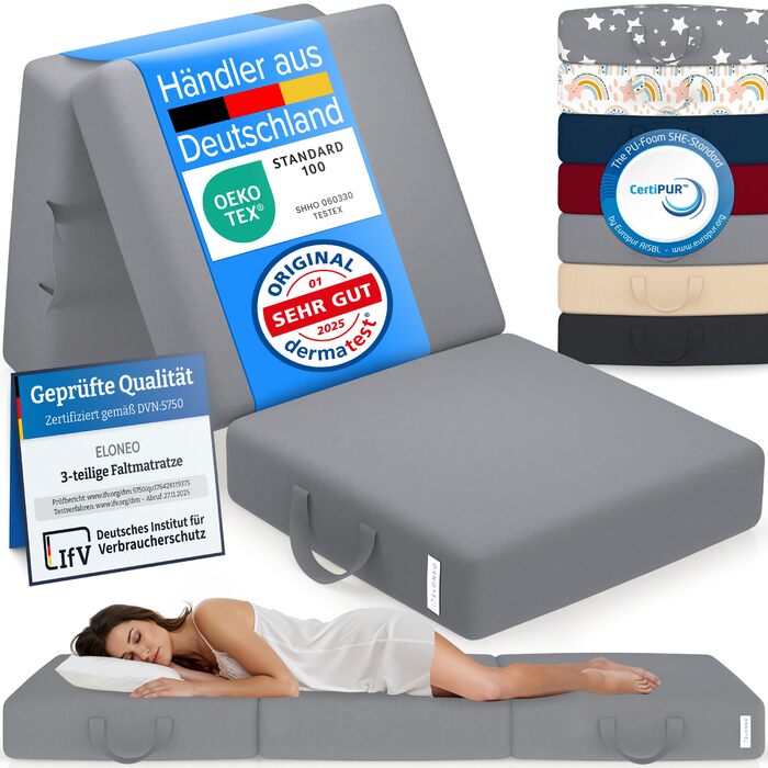 Матрац ELONEO Folding Mattress, гостьовий матрац, 3-секційний розкладний матрац, надзвичайно товста піна (15 см), можна прати, ортопедична подушка, складний, складний матрац, для дорослих (сірий, 90 x 200 x 15 см) 90 x 200 x 15 см сірий