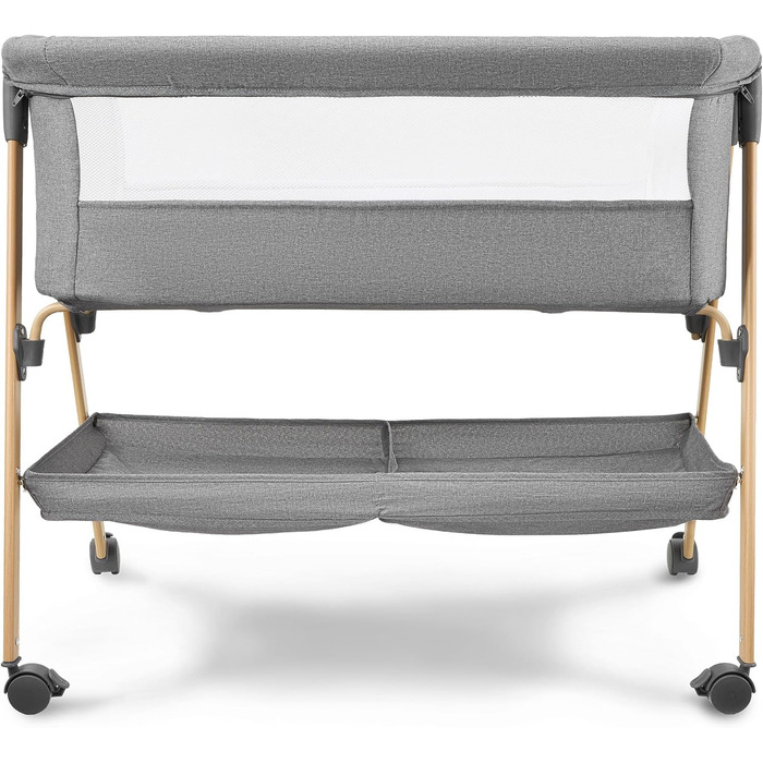 Дитяче ліжечко Moby-System Mili Дорожнє ліжечко 06 місяців, Складане з матрацом, Сітчасті боковини, Місце для зберігання, Колеса з гальмом, Легке та стійке, Сірого кольору, Для новонароджених, Приліжкове ліжечко без свердління, Макс. 9 кг.