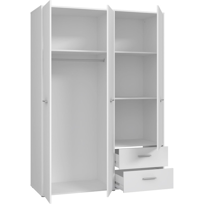 Шафа 140 150, біла шафа, шафа з орними дверима, 3 двері, з 2 шухлядами та полицями, біла, 145 см завширшки x 53 см завглибшки x 200 см заввишки. Біла 145 x 200 x 53 см, 3 двері