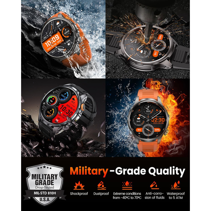 Чоловічий смарт-годинник з акумулятором 1000 мАг/світлодіодним ліхтариком, 1,91-дюймовий AMOLED 5ATM смарт-годинник військовий фітнес-трекер з функцією телефону, 113 спортивних режимів, спортивний годинник/цілодобовий монітор серцевого ритму/монітор сну/S