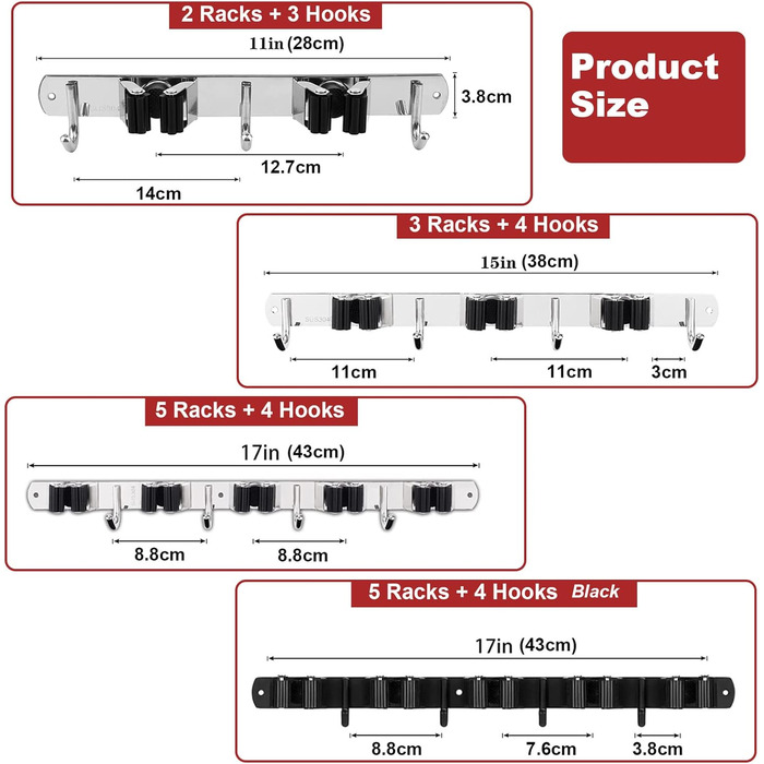 Стіна тримача мітли AceMining, 5 тримачів 4 гачки Чорний важкий тримач інструменту самоклеящей, тримач мітли з встановленням цвяхів, тримач садового інструменту з нержавіючої сталі, мітла для настінного кріплення