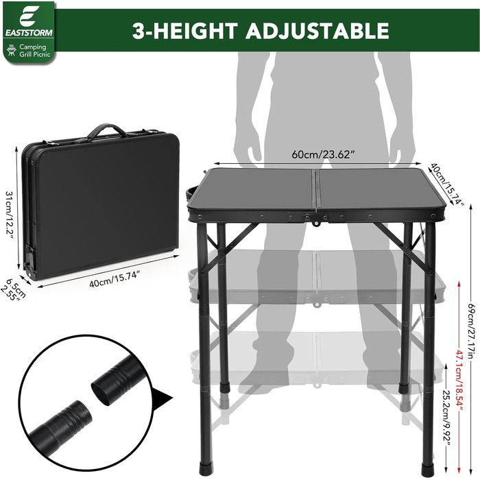 Складаний кемпінговий стіл 60x40 см, 3-рівневе регулювання висоти (25/47/69 см), міцний металевий каркас, складається як валіза для перенесення, ідеально підходить для кемпінгу, пікніків, пляжу та балкону (повністю чорний)