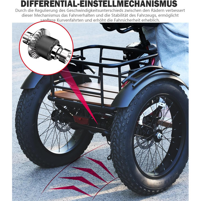 Електричний триколісний велосипед NOMOGO для дорослих, алюмінієвий складаний електровелосипед, акумулятор 48 В 15,6 Аг, 7-швидкісний електровелосипед, швидкість 25 км/год та запас ходу 90-110 км, товсті шини 20x4, передня частина та диференціал, комплексн
