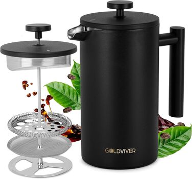 Голдвівер Френч-прес преміум класу 1 л Прес для кави з нержавіючої сталі S-304 Нержавіюча сталь Термоглечик з подвійними стінками 0,8 мм Чай/кава ізольована Ручна кавоварка матовий чорний