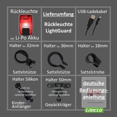 Світлодіодний задній ліхтар на батарейках зі стоп-сигналом Litecco LightGuard інтелектуальний задній ліхтар з батарейками, USB, червоний