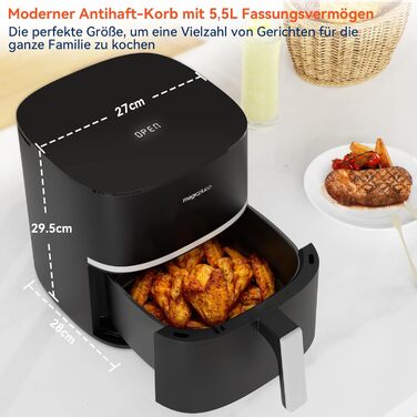 Фритюрниця magicplux 5.5 л XXL, фритюрниця 1500 Вт з 13 попередньо запрограмованими, з цифровим світлодіодним сенсорним екраном, технологія рівномірного нагрівання X CYCLONE AIR, з 21 рецептом, можна мити в посудомийній машині, чорний без вікон