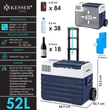 Електрична морозильна камера, 52 л З APP управлінням USB підключення 12/24 В 230 В, телескопічна опора, 2 шт. cool box колеса холодильник з охолодженням до -20 C для автомобіля, вантажівки, човна 52 л темно-синій