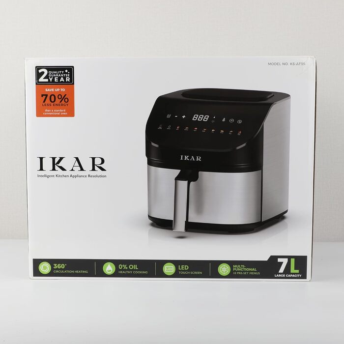 Фритюрниця IKAR Cube XXL 7 л сімейного розміру, фритюрниця 10-в-1, фритюрниця без олії, фритюрниця з сенсорним дисплеєм, можна мити в посудомийній машині, тиха, 4-6 порцій, нержавіюча сталь чорна