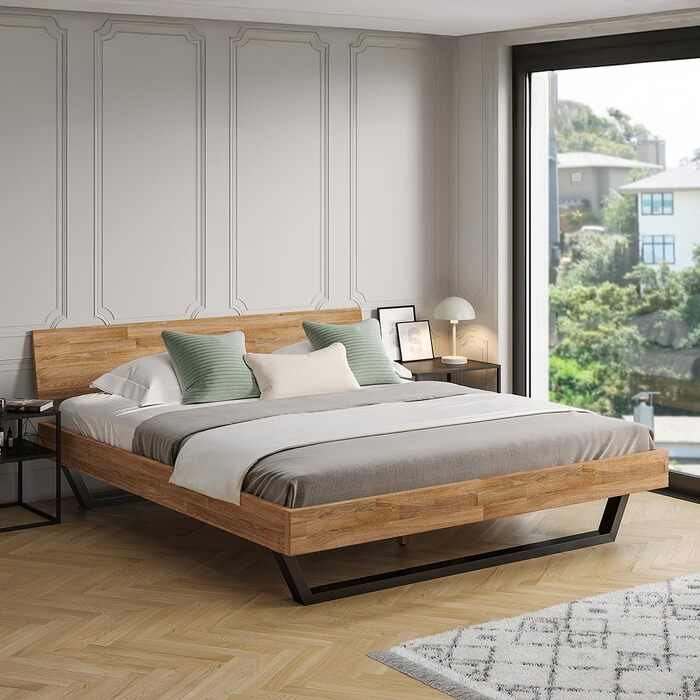 Ліжко Skølm Alver з масиву дерева 180x200 см каркас ліжка з масиву дуба, обробленого олією дерев&39яне ліжко з чорними металевими ніжками високоякісне ліжко з однією опорою для узголів&39я каркас ліжка, що підходить як двоспальне ліжко 180x200 см, узголів