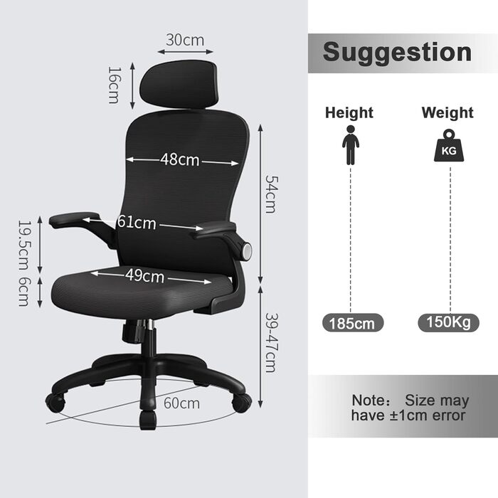 Ергономічне офісне крісло LEVIPE, стілець для роботи з поперековою опорою, підлокітники, регульований підголівник, комп&39ютерне крісло, поворотне, висока спинка, зручне, для домашнього офісу, чорне