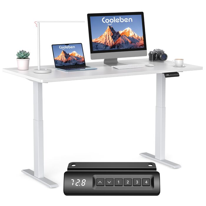 Стіл з регулюванням висоти та двома двигунами, цільна стільниця 25 мм, інтелектуальне керування з 4 налаштуваннями пам&39яті, вантажопідйомність 35 кг, тихий &lt45 дБ (білий білий, 140 см x 70 см) Білий білий 140 см x 70 см