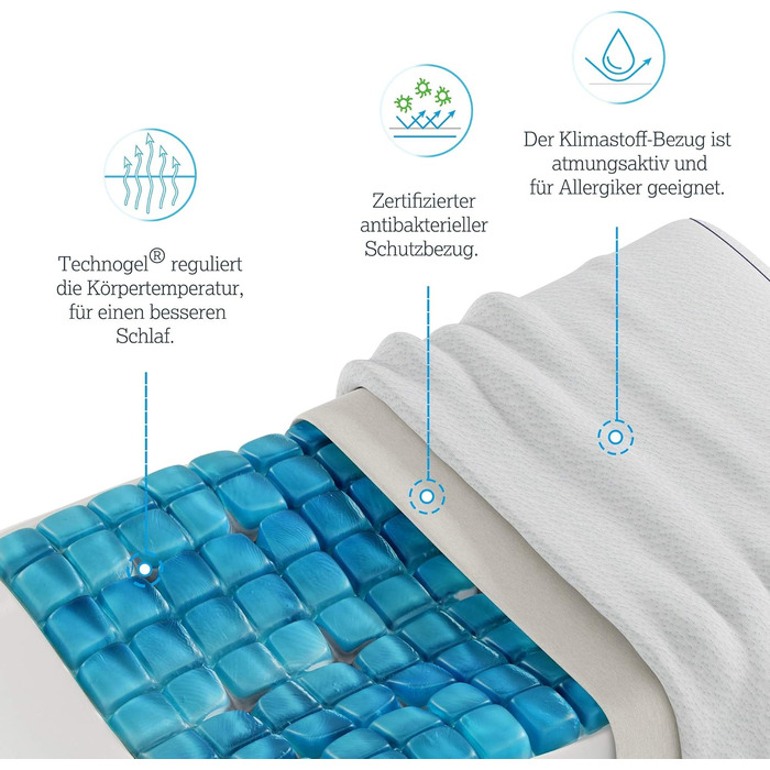 Ортопедична подушка для шиї Technogel Anatomic Curve запатентована, не містить шкідливих речовин та сертифікована гелева подушка для шийного відділу хребта для сну на спині та боці, включаючи наволочку 66x40x0,7 см, висота 7 см