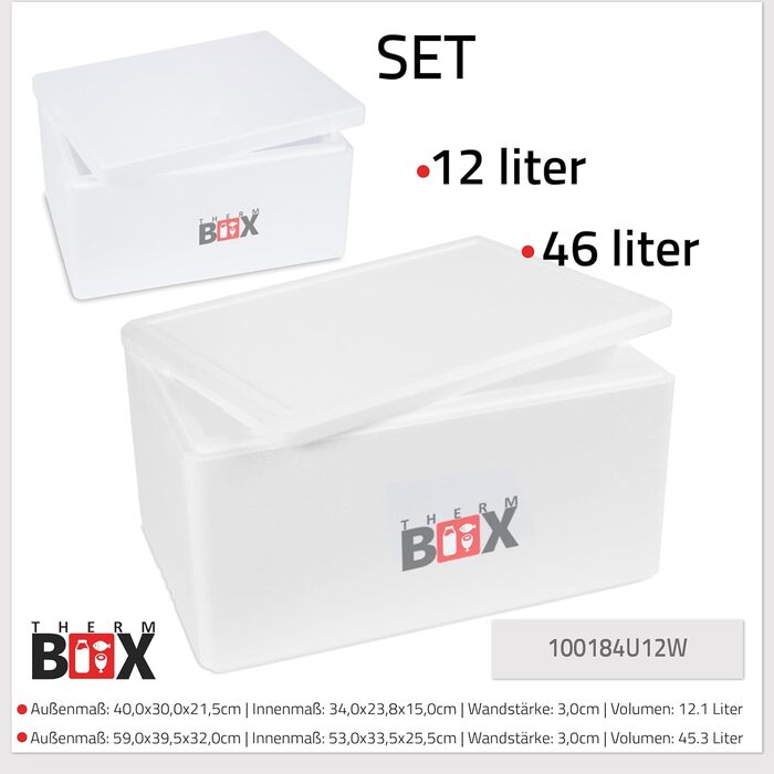 Набір пінопластових коробок THERM BOX 46 Вт та 12 Вт, товщина стінки 3 см, об&39єм 46,59 л та 12,24 л, ізольовані коробки, коробка-холодильник, коробка-грілка, багаторазові