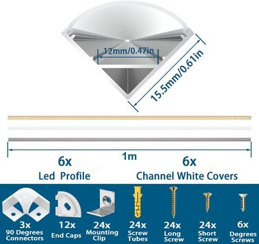 Світлодіодний алюмінієвий профіль Chesbung для світлодіодних стрічок/смуг/смуги/смуги, 6 x 1 м Aluprofil Led V Form Alu Profile Led, канал світлодіодної стрічки з молочно-білим покриттям, світлодіодний дифузор із кутовими роз'ємами 45 градусів 6 шт. -1м-V