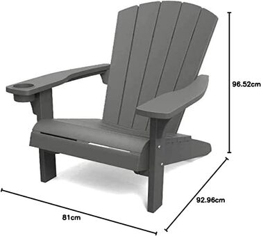 Крісло Keter Alpine Adirondack, вуличне пластикове садове крісло з підсклянником, сірий, стійкий до погодних умов, американський дизайн класичний, для саду, патіо та балкона, 93 x 81 x 96.5 см сірий суцільний