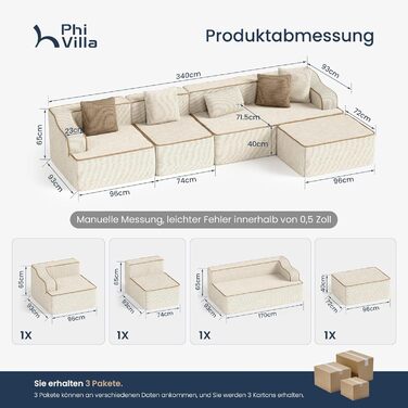 Кутовий диван PHI VILLA зі сном, Cloud, безкістковий диван, 5-місний L-подібний модульний диван для вітальні, вельвет, не потребує складання, бежевий, 5-місний, бежевий