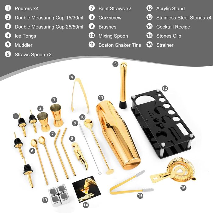 Набір шейкерів для коктейлів 23 предмети з нержавіючої сталі з акриловою підставкою та рецептами колір золотий (4 камені для віскі)