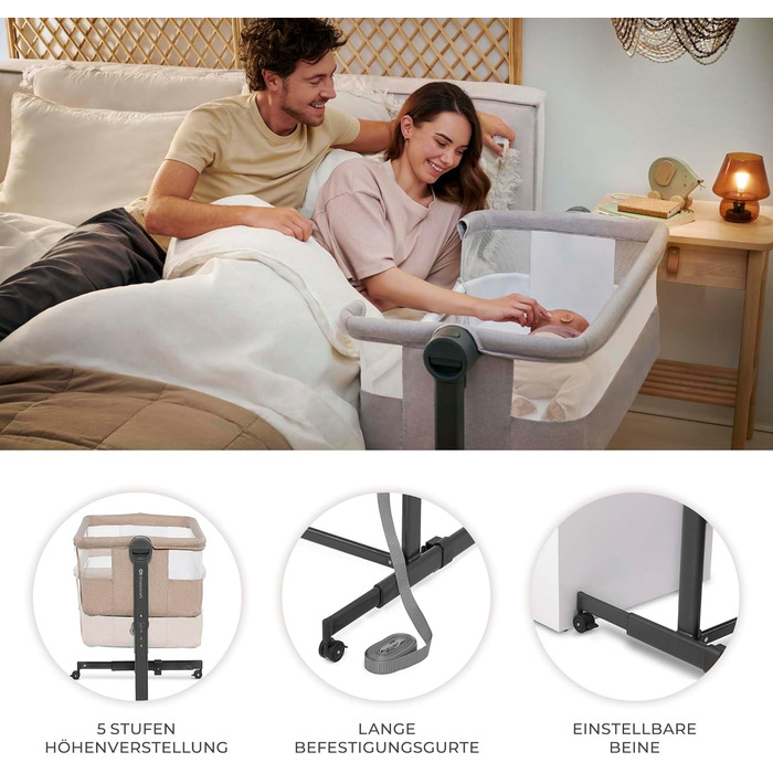 Приліжкове ліжечко 2-в-1, дорожнє ліжечко з матрацом та простирадлом, 5-рівневе регулювання висоти матраца, 4 колеса з гальмами, м&39який матеріал, легка конструкція, бежевий Nestee Beige, 2