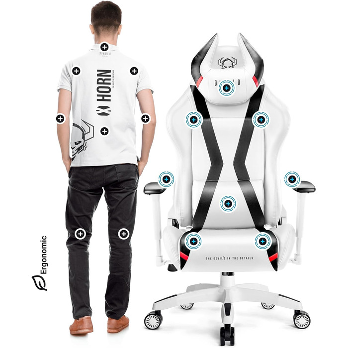 Геймерське крісло Diablo X-Horn 2.0, офісне крісло, геймерське крісло, стільці з 3D-підлокітниками, ергономічний дизайн, подушка для шиї/світлова подушка, штучна шкіра, функція гойдання, білий розмір King (XL)
