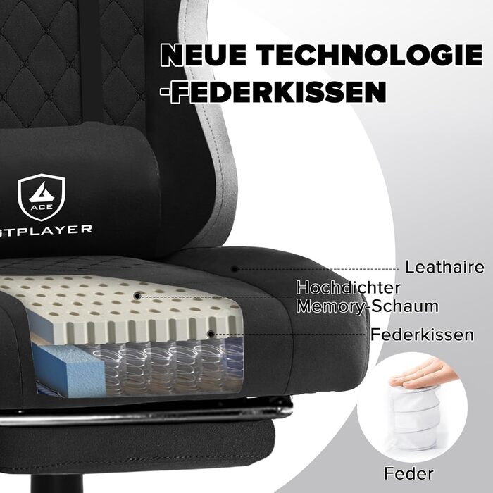 Ігрове крісло GTPLAYER Ергономічне ігрове крісло для столу з тканинною поверхнею, пружинною подушкою сидіння, з&39єднувальними підлокітниками та підставкою для ніг, світло-чорне