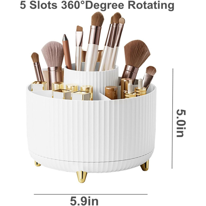 Тримач для пензлів для макіяжу, обертається на 360 градусів, знімна конструкція, 5 відділень, чашка для пензлика для макіяжу та олівців, настільний органайзер, органайзер для макіяжу, відділення для догляду за шкірою для білого 1